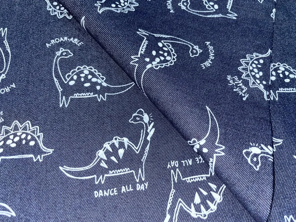 100% Cotton Denim  Fabric 58" wide available in FIVE STYLES  styles [ZIG ZAG / UNICORN / HEART / DENIM BLUE STARS /DINOSAUR/BLACK,BLUE STARS] [15054/55/66/68/15351/54]
