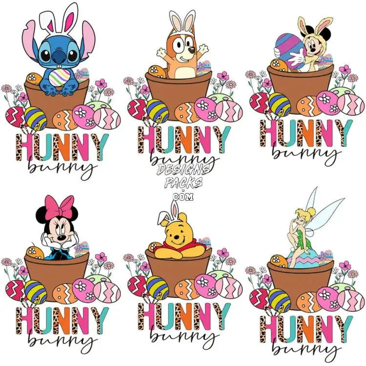 6 Cartoon Easter Day Hunny Bunny Designs Bundle PNG