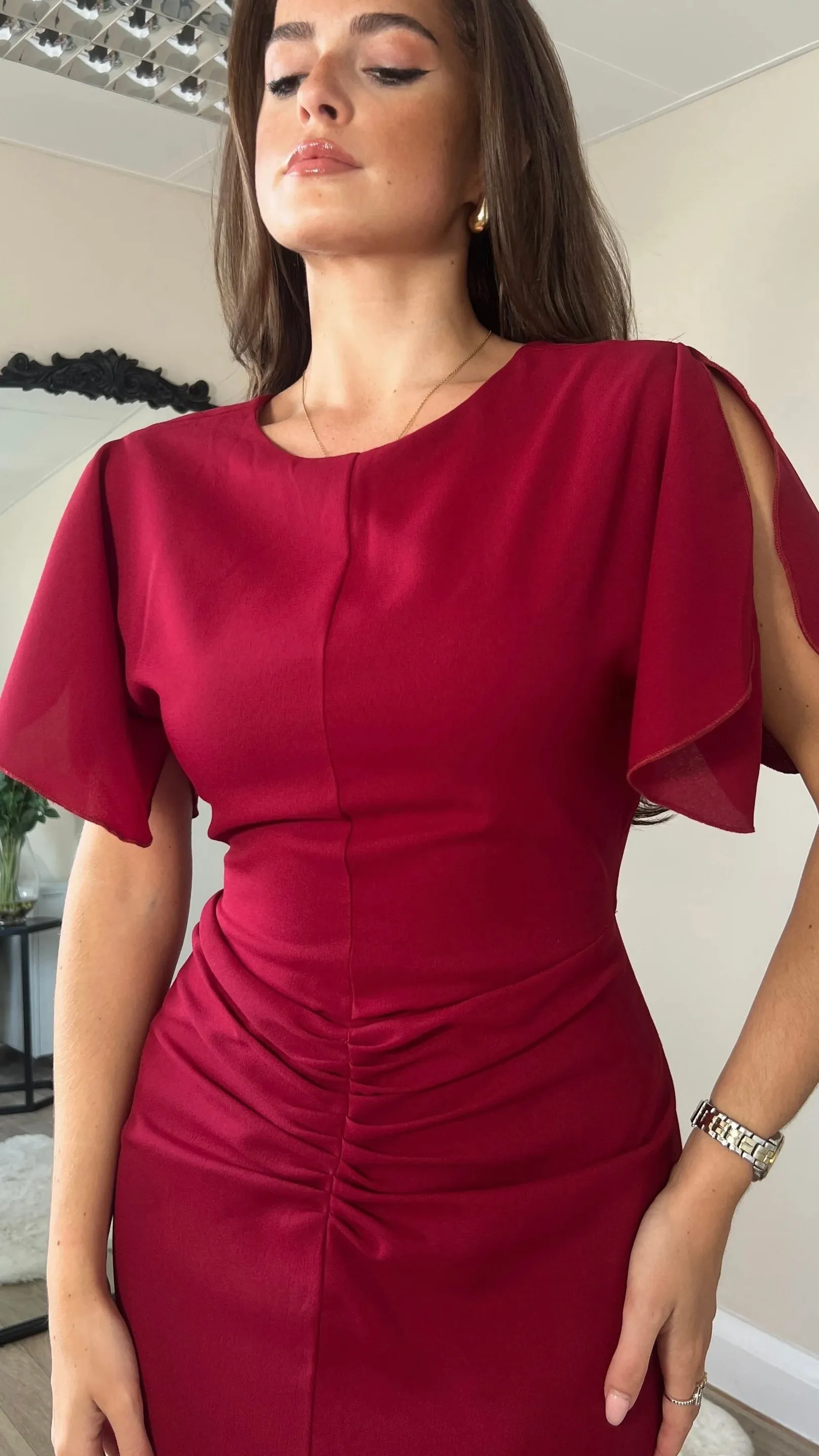 Alexa Burgundy Ruched Detail Midi Dress