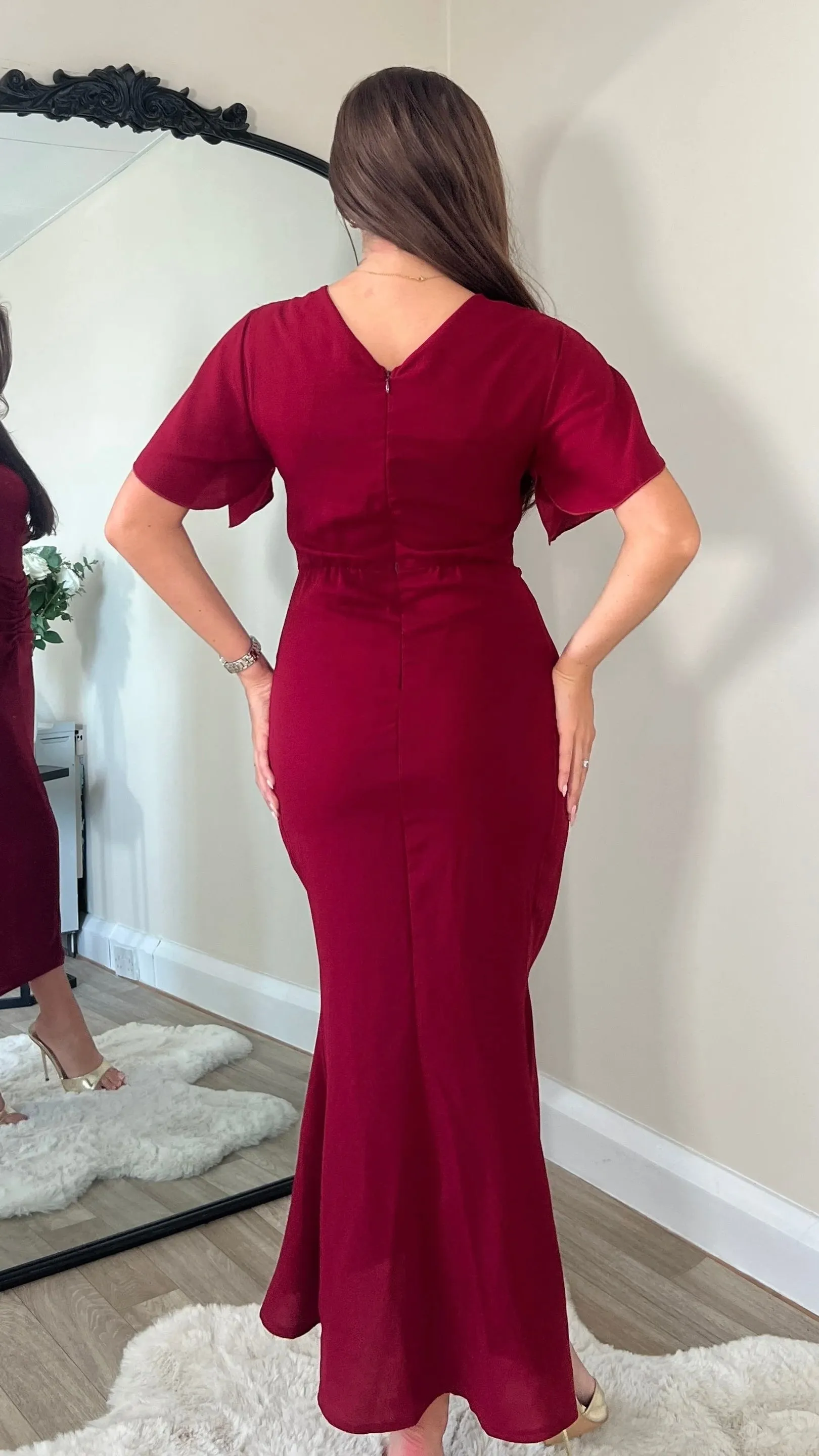 Alexa Burgundy Ruched Detail Midi Dress