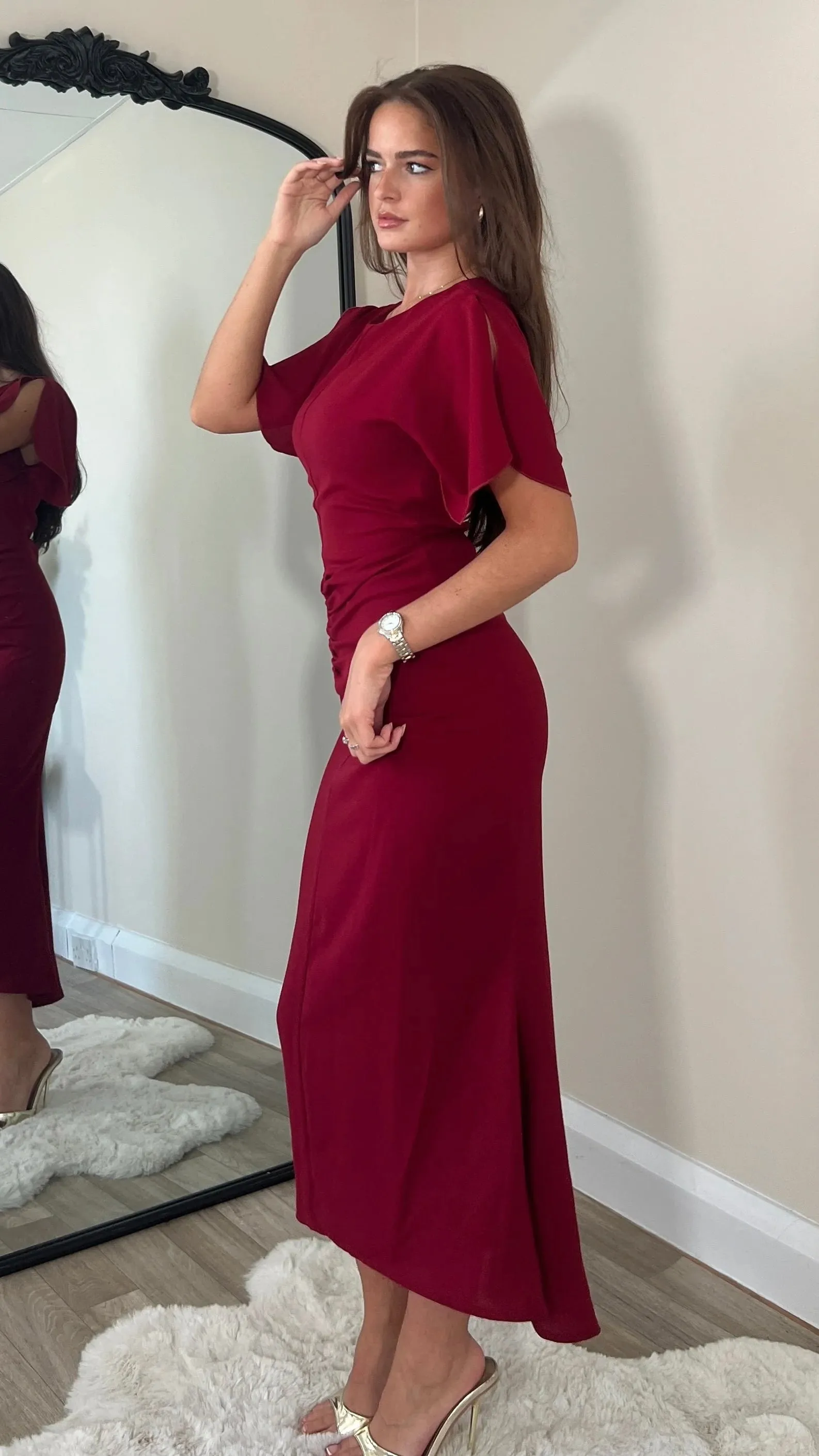 Alexa Burgundy Ruched Detail Midi Dress