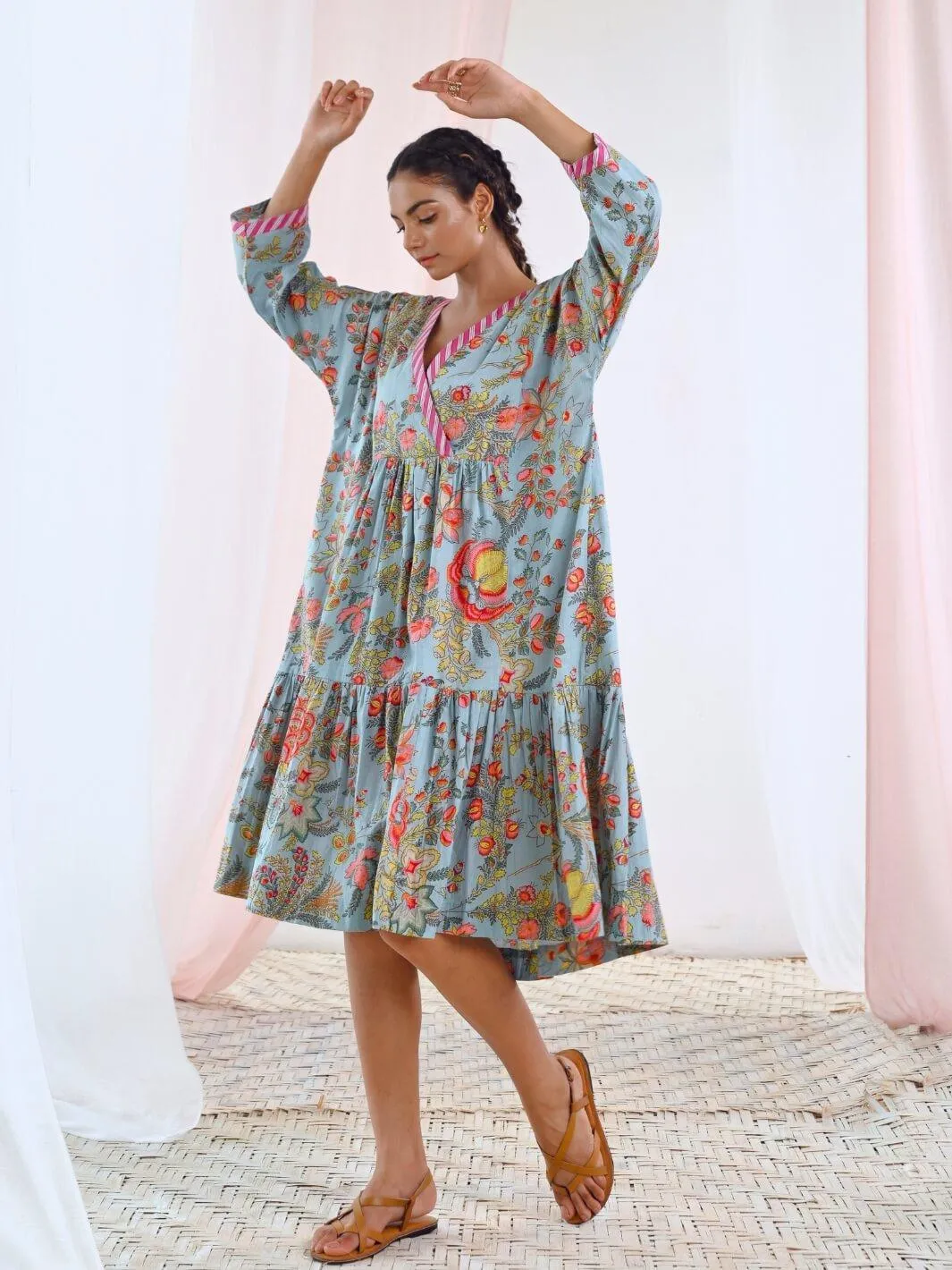 Aqua Blue Cotton V-Neck Midi Floral Dress