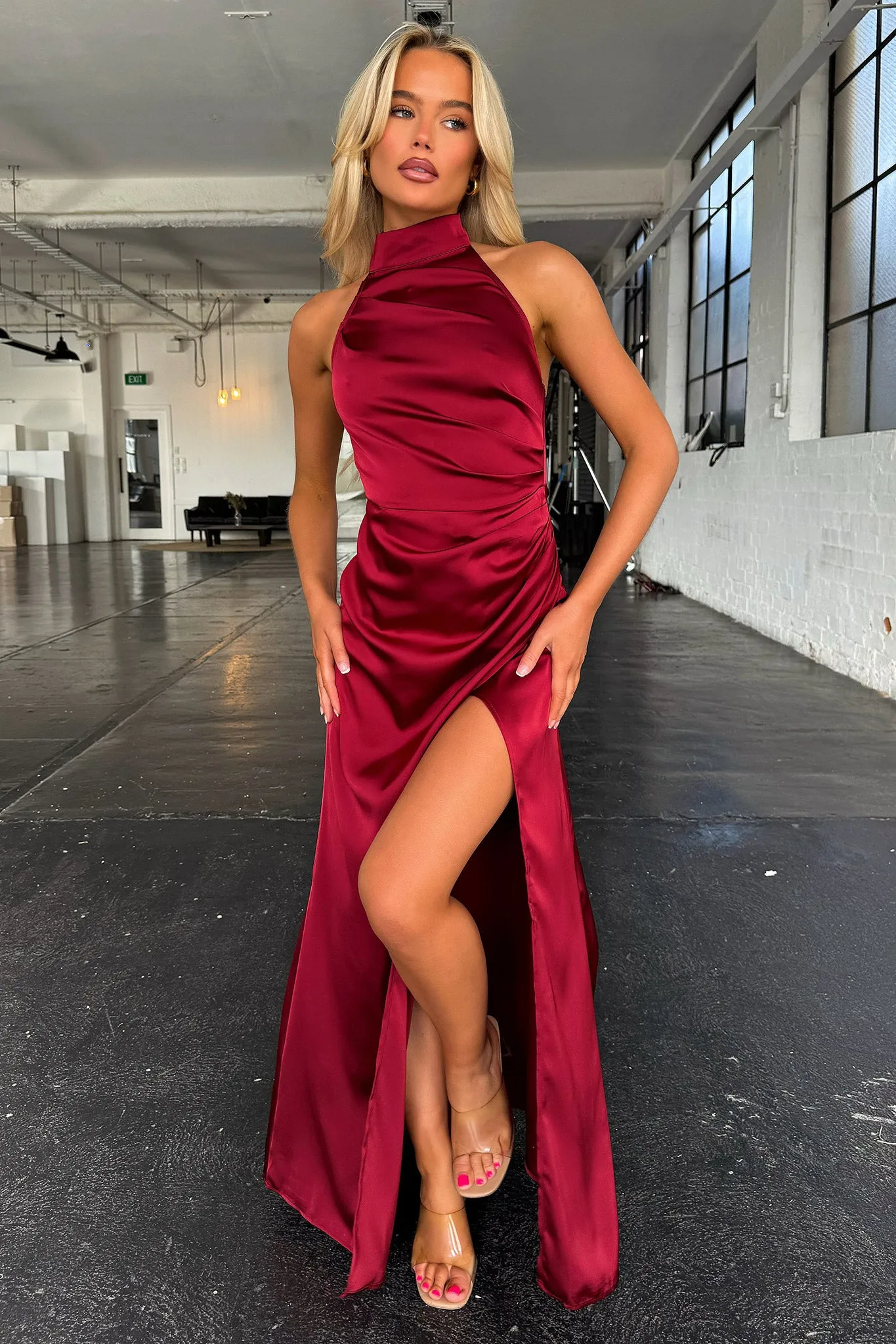 Arabelle High Neck Satin Maxi Dress - Burgundy