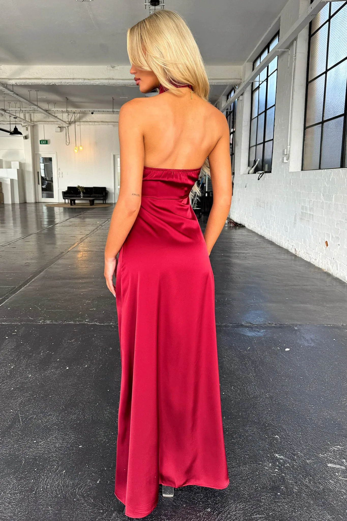 Arabelle High Neck Satin Maxi Dress - Burgundy