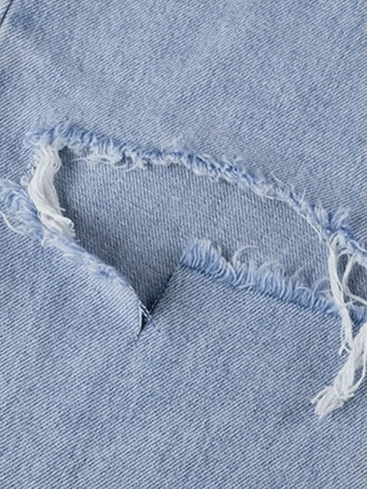 Blue Wash Straight Leg Knee Ripped Jeans