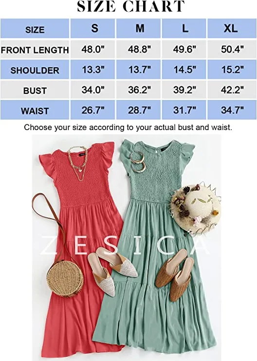 Blue Women's Summer Casual Flutter Short Sleeve Crew Neck Smocked Elastic Waist Tiered Midi Dress - ZESICA