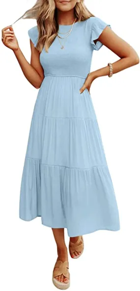 Blue Women's Summer Casual Flutter Short Sleeve Crew Neck Smocked Elastic Waist Tiered Midi Dress - ZESICA