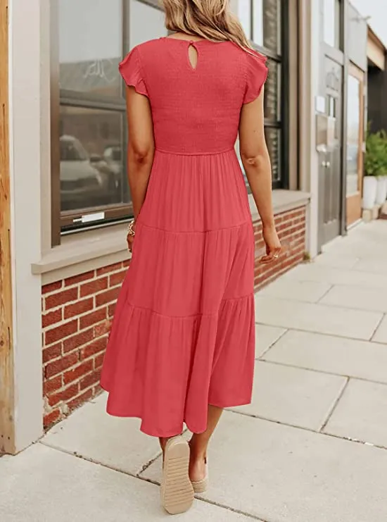 Blue Women's Summer Casual Flutter Short Sleeve Crew Neck Smocked Elastic Waist Tiered Midi Dress - ZESICA