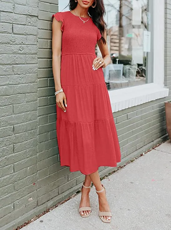 Blue Women's Summer Casual Flutter Short Sleeve Crew Neck Smocked Elastic Waist Tiered Midi Dress - ZESICA
