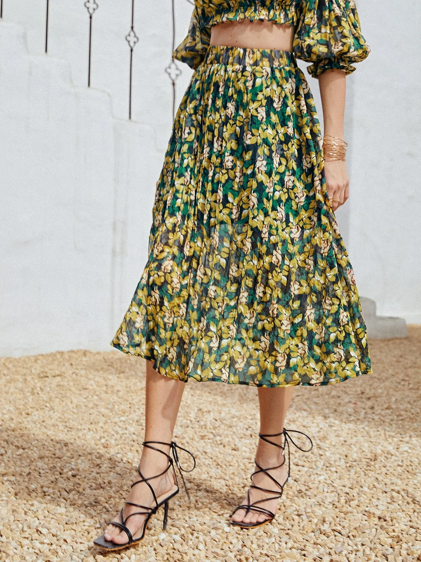Boho Plants Pleated High Waist Midi Women Skirt