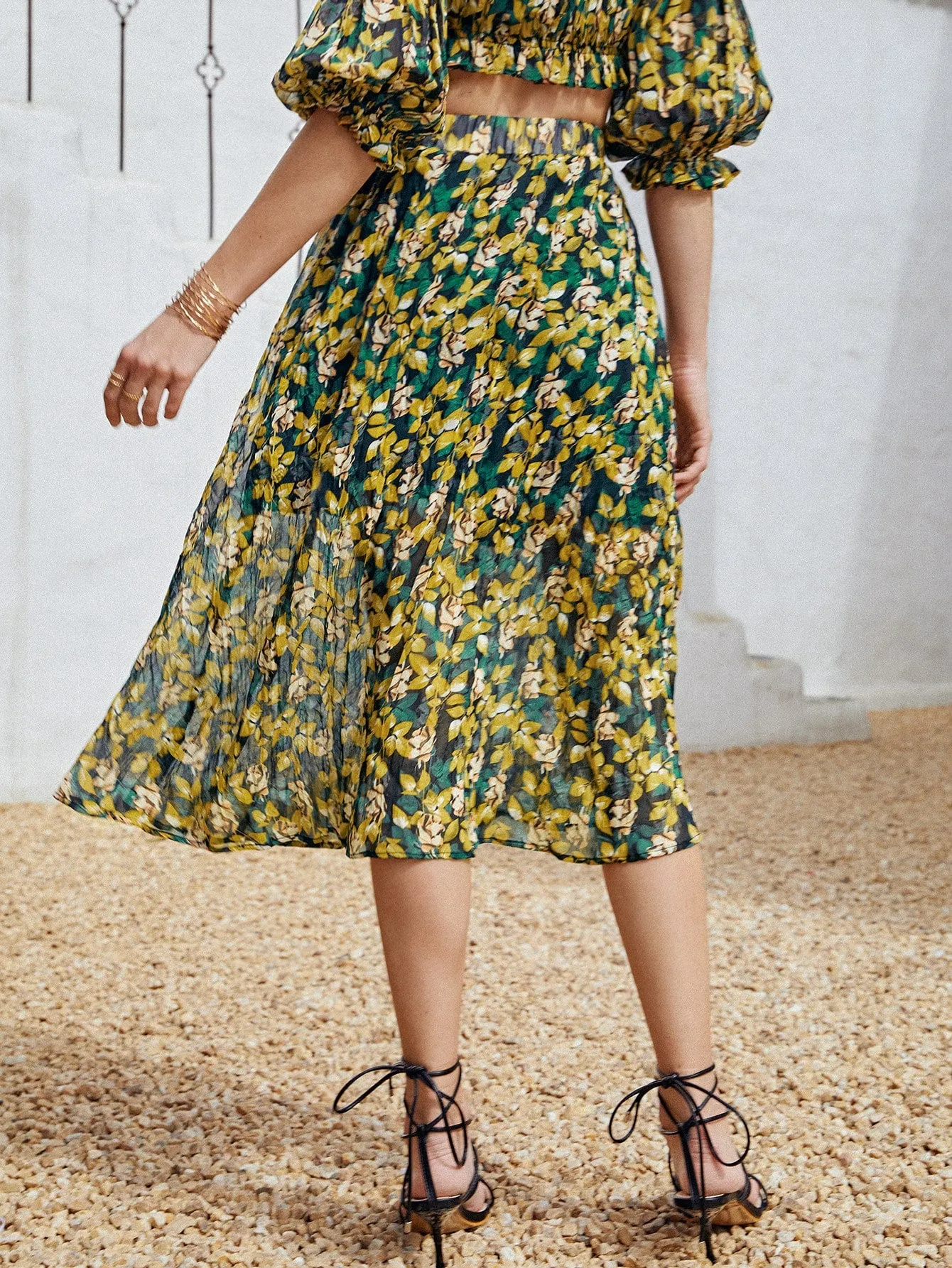 Boho Plants Pleated High Waist Midi Women Skirt