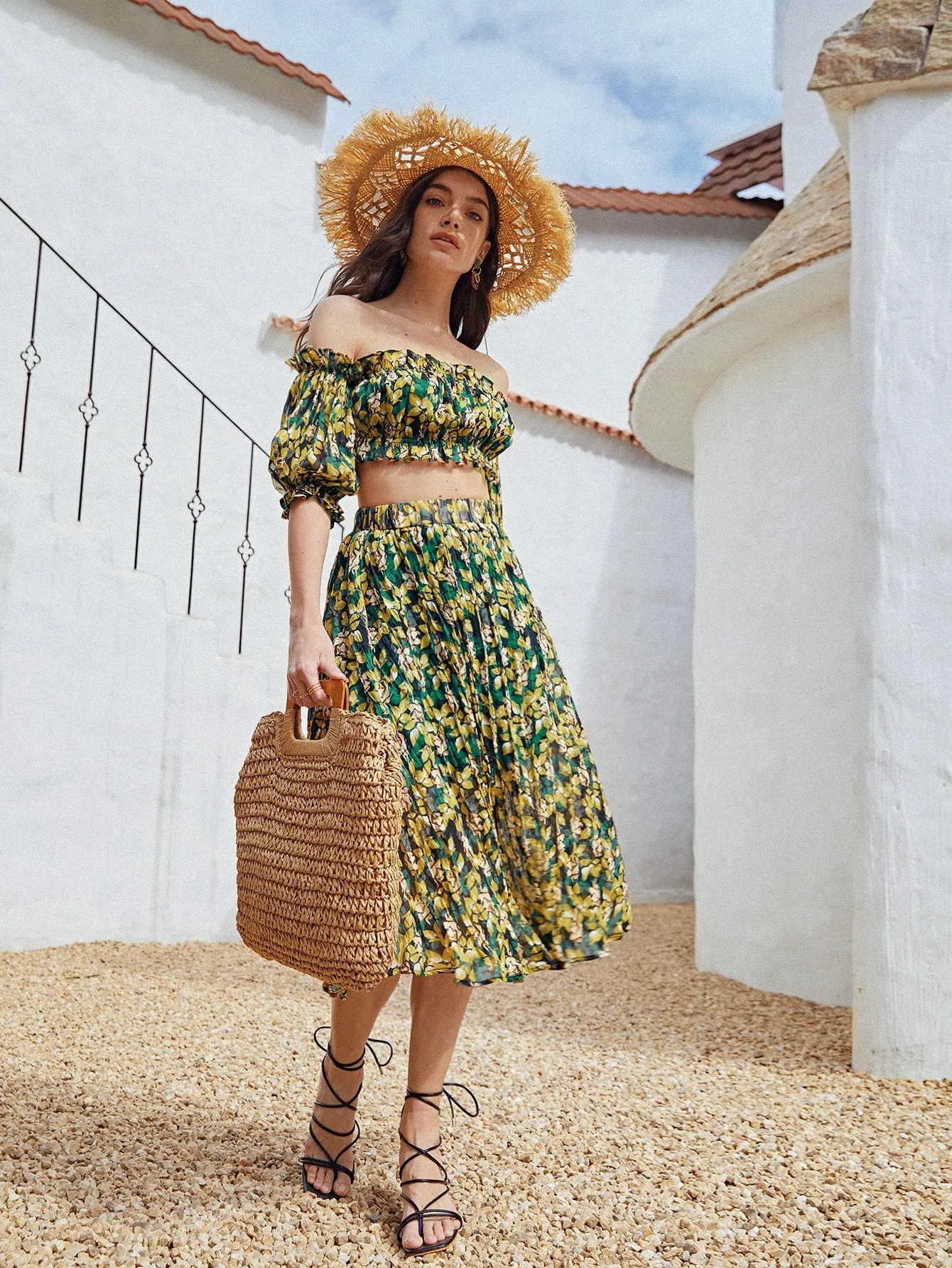 Boho Plants Pleated High Waist Midi Women Skirt