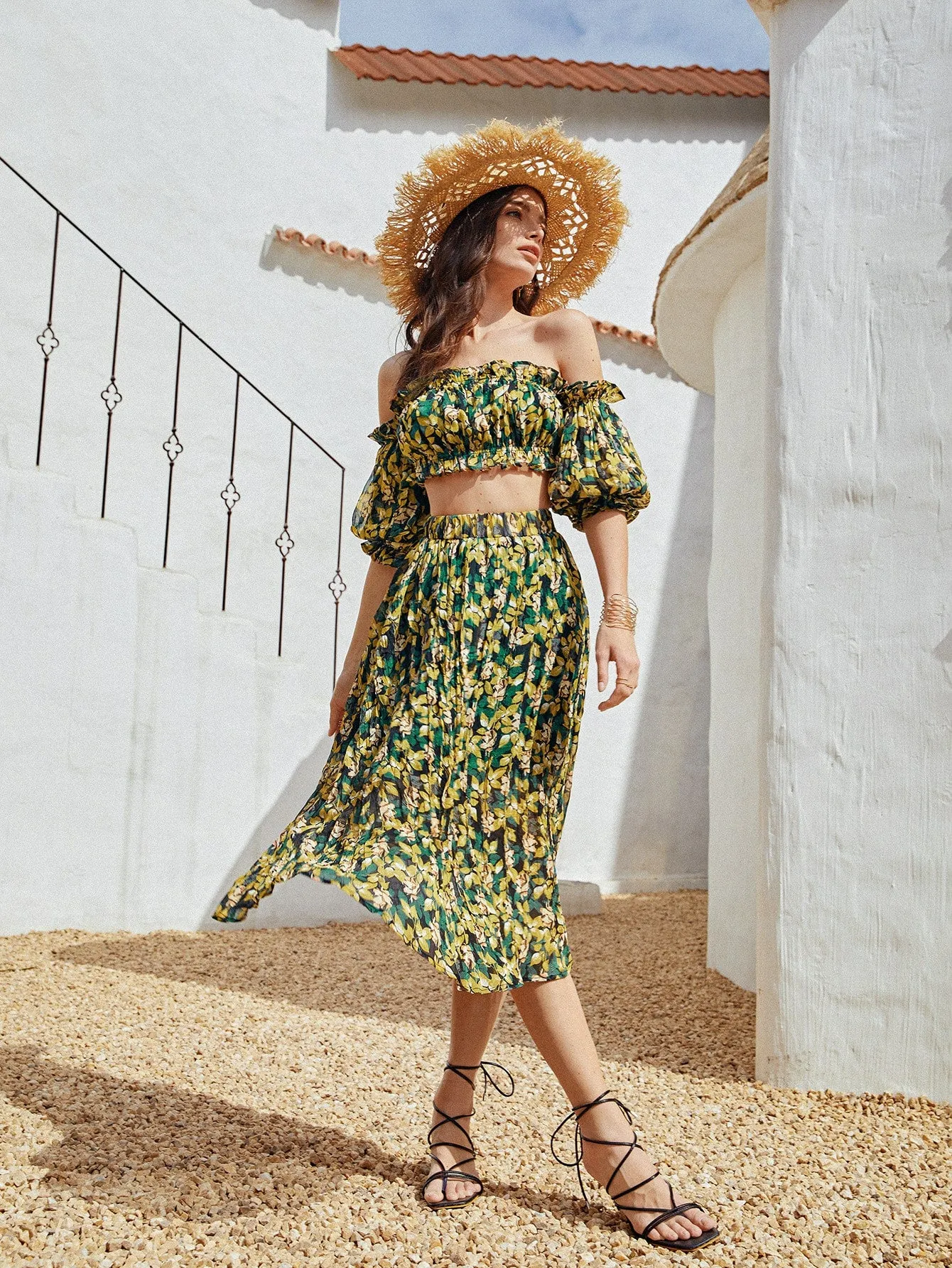 Boho Plants Pleated High Waist Midi Women Skirt