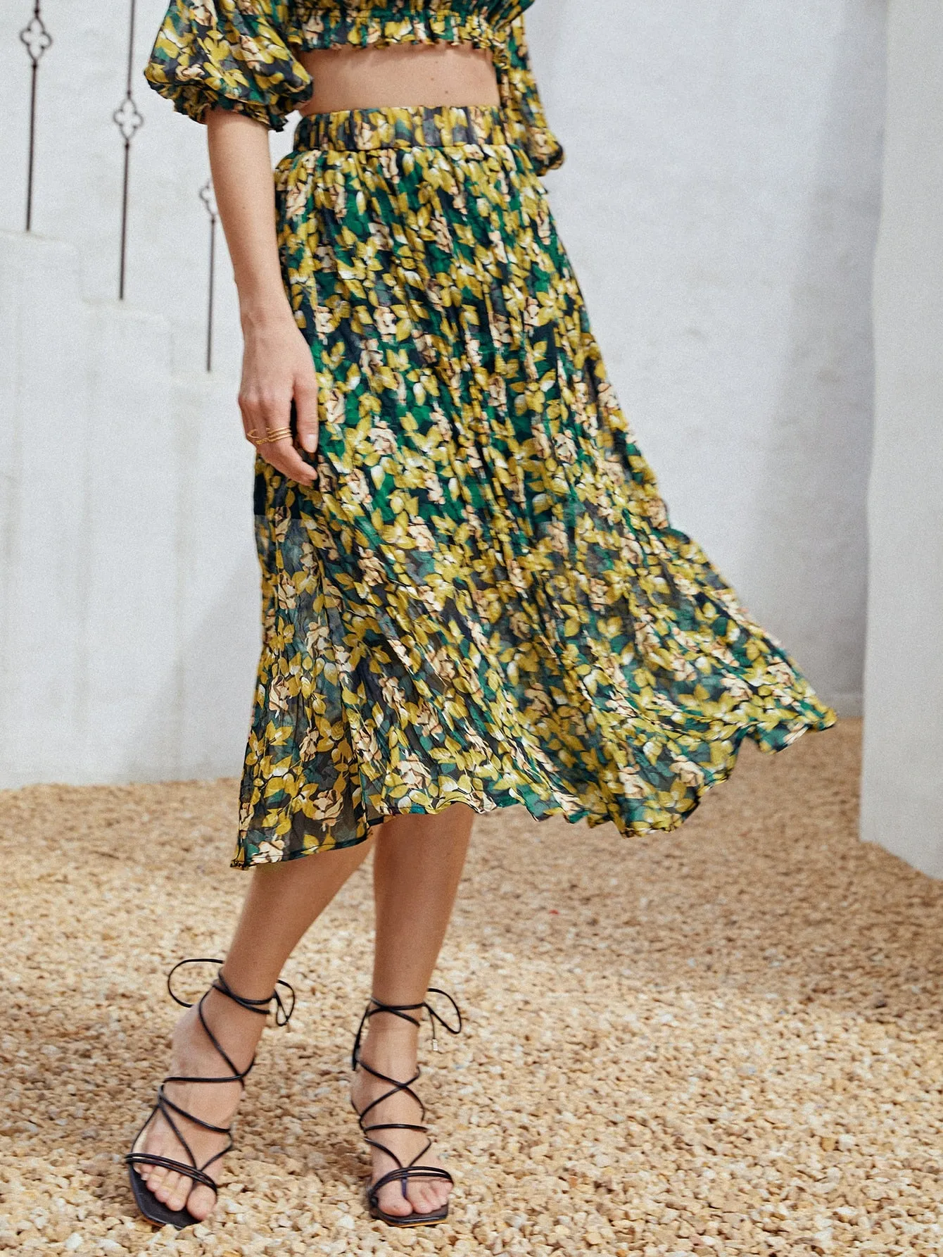 Boho Plants Pleated High Waist Midi Women Skirt