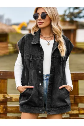 Button Up Collared Neck Sleeveless Denim Jacket