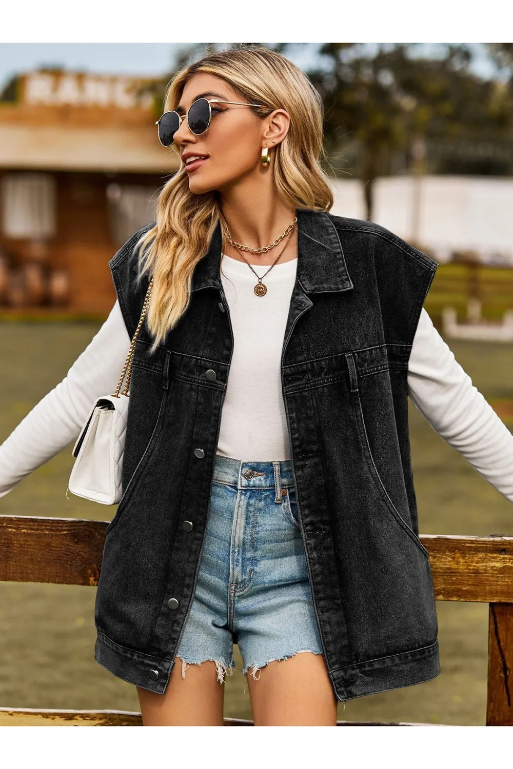 Button Up Collared Neck Sleeveless Denim Jacket