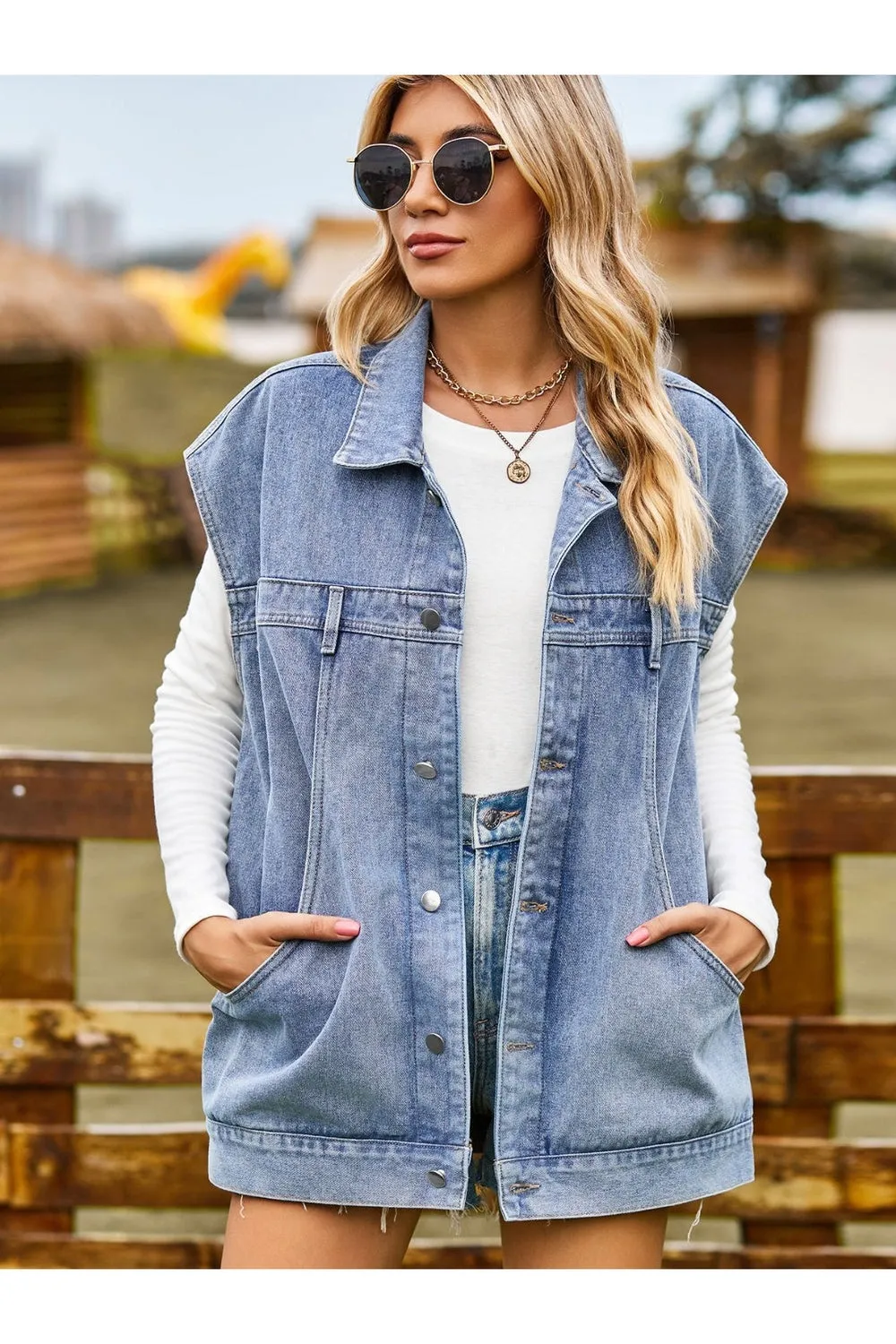 Button Up Collared Neck Sleeveless Denim Jacket
