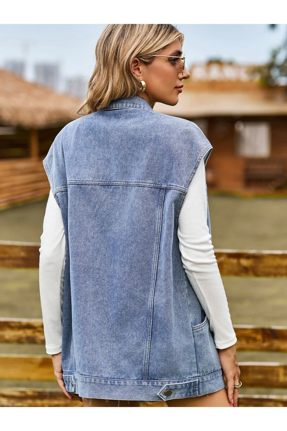 Button Up Collared Neck Sleeveless Denim Jacket