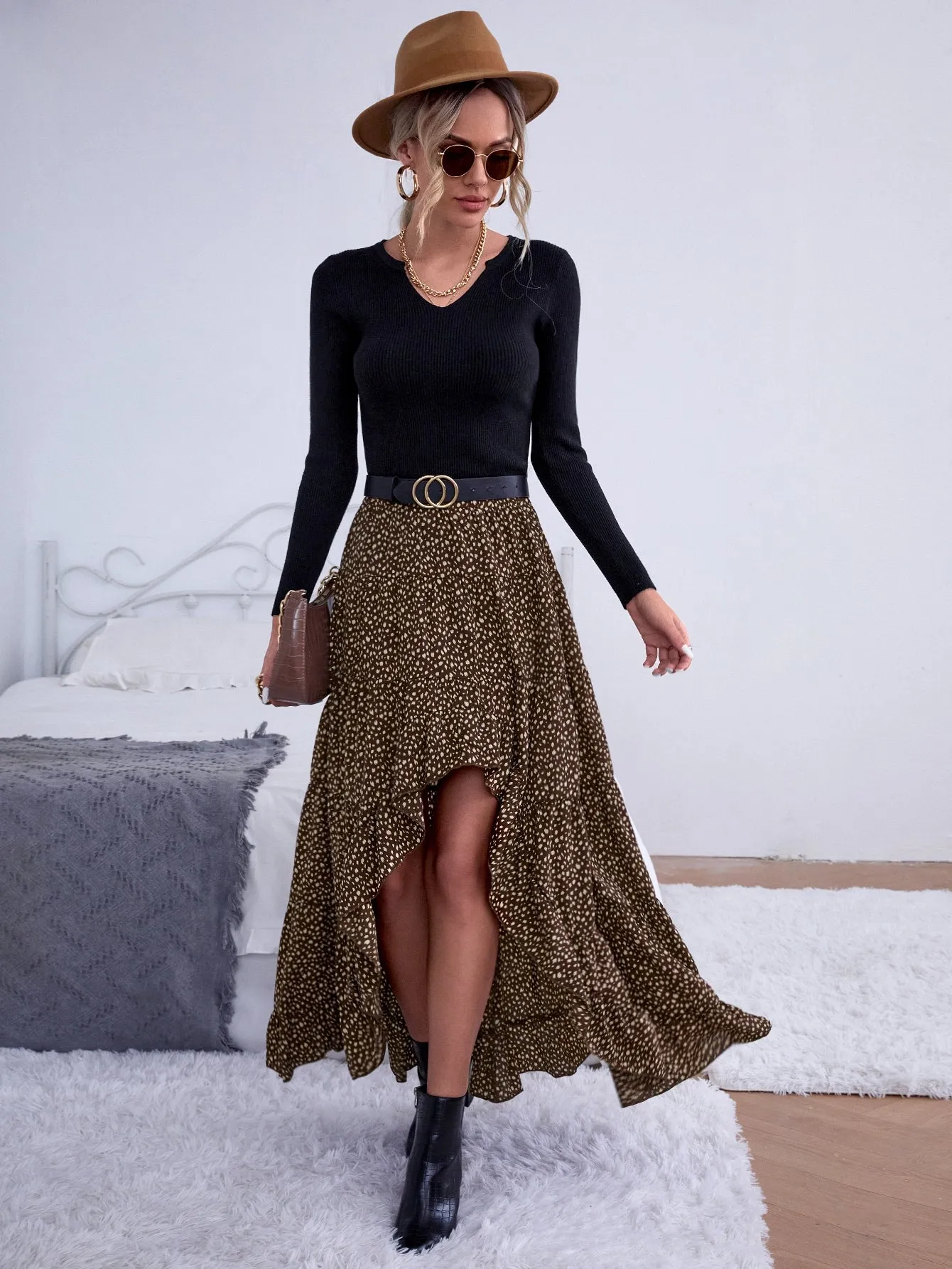 Casual All Over Print High Low High Waist Maxi Women Skirt