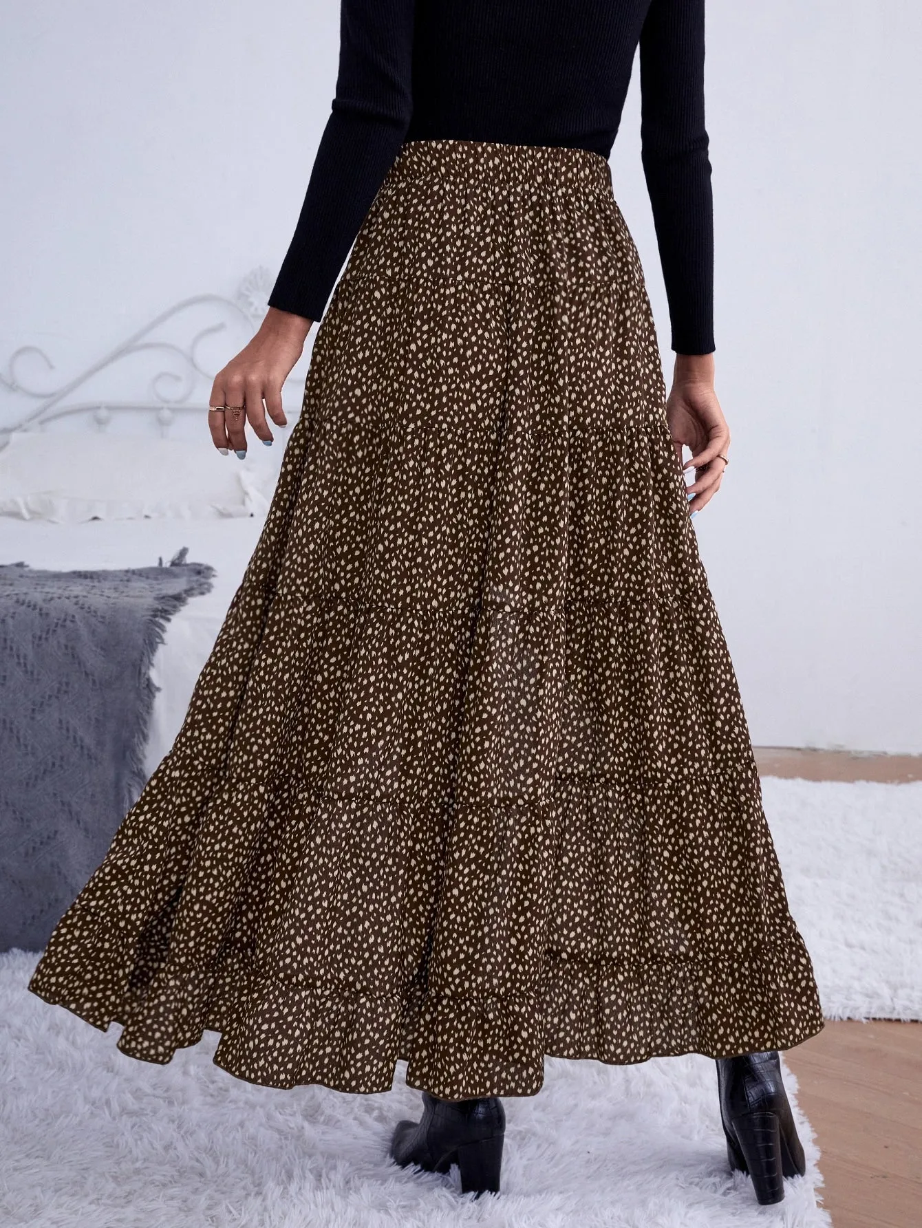 Casual All Over Print High Low High Waist Maxi Women Skirt