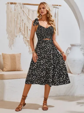 Casual Short Sleeve Flowy Day Dress Women's Fashion Front Cutout Printed Tie Shoulder Midi Dress