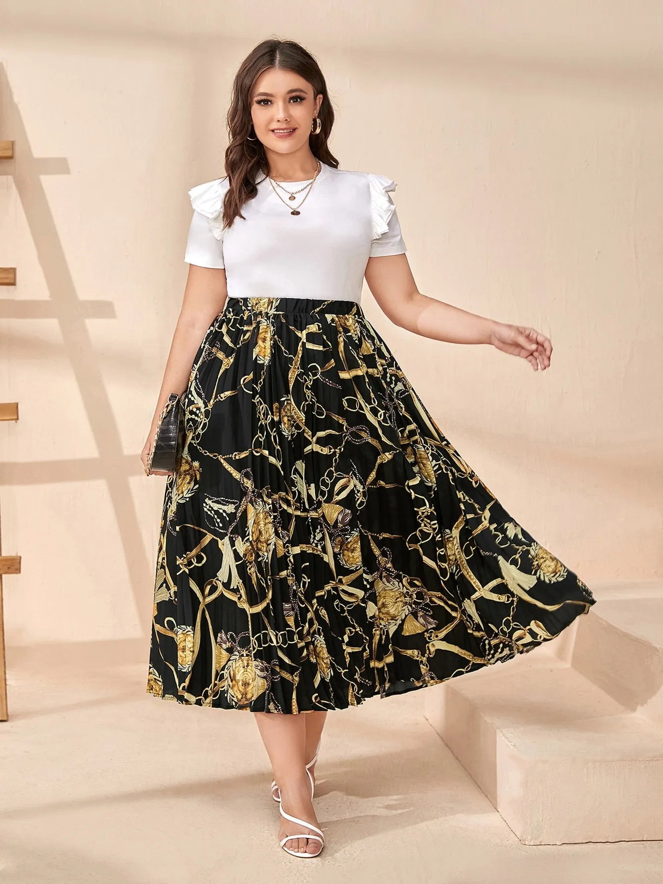 Chain Print Pleated Long Plus Size Skirt