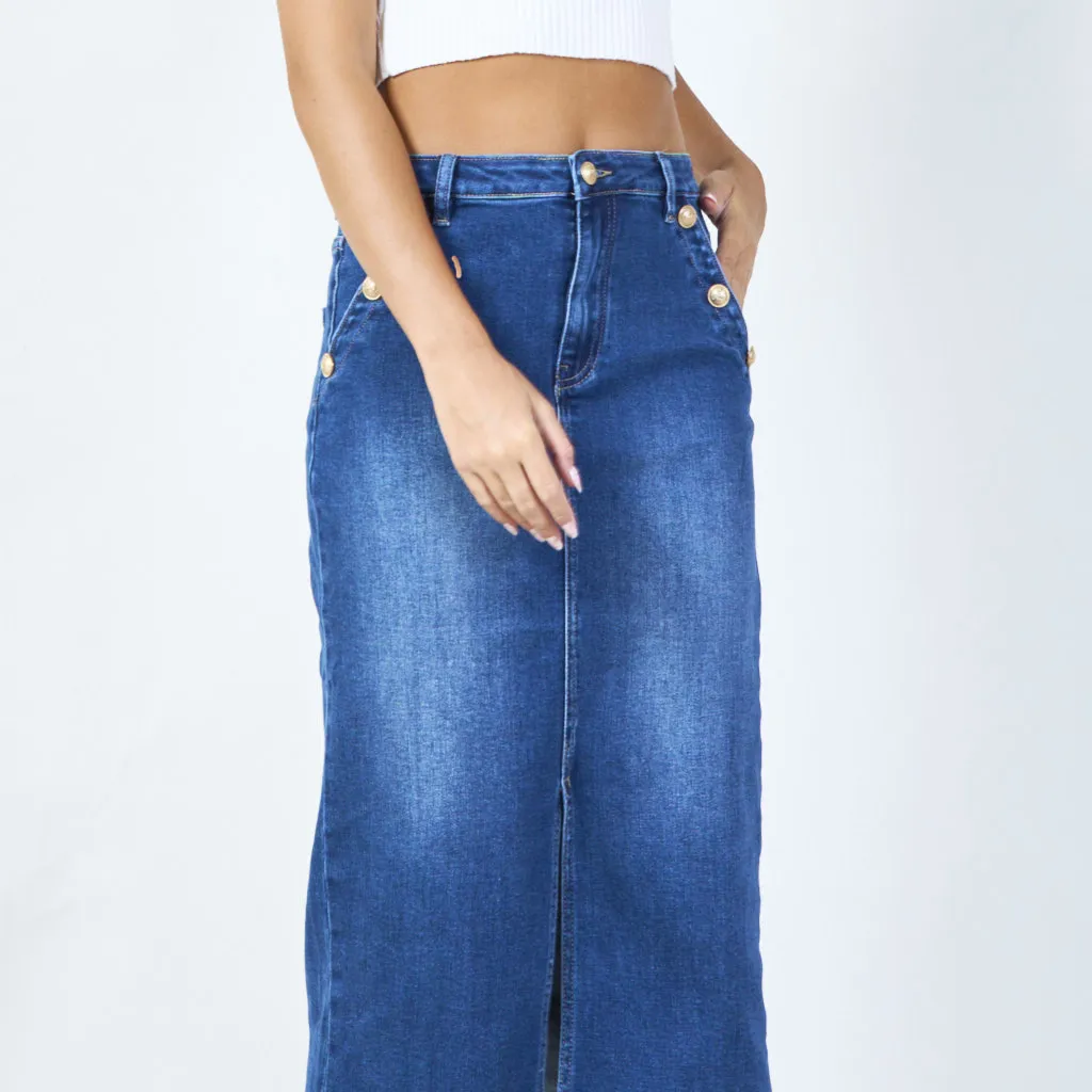 Classic denim midi skirt with front slit wholesale