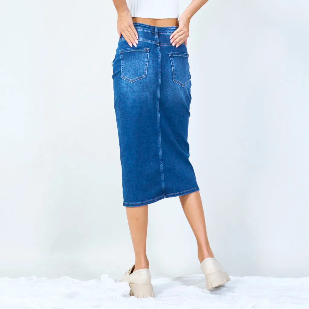 Classic denim midi skirt with front slit wholesale