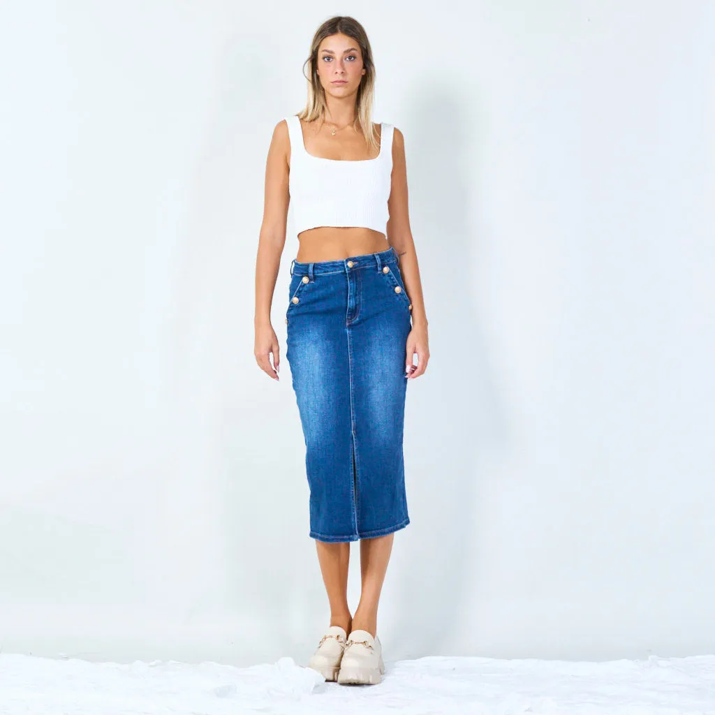 Classic denim midi skirt with front slit wholesale
