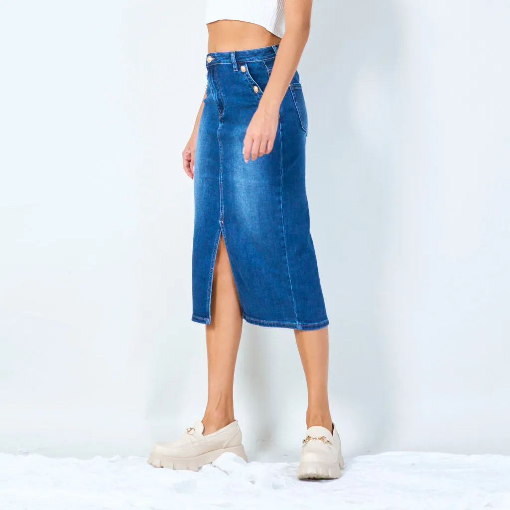 Classic denim midi skirt with front slit wholesale