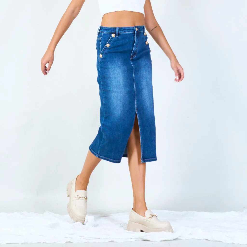 Classic denim midi skirt with front slit wholesale