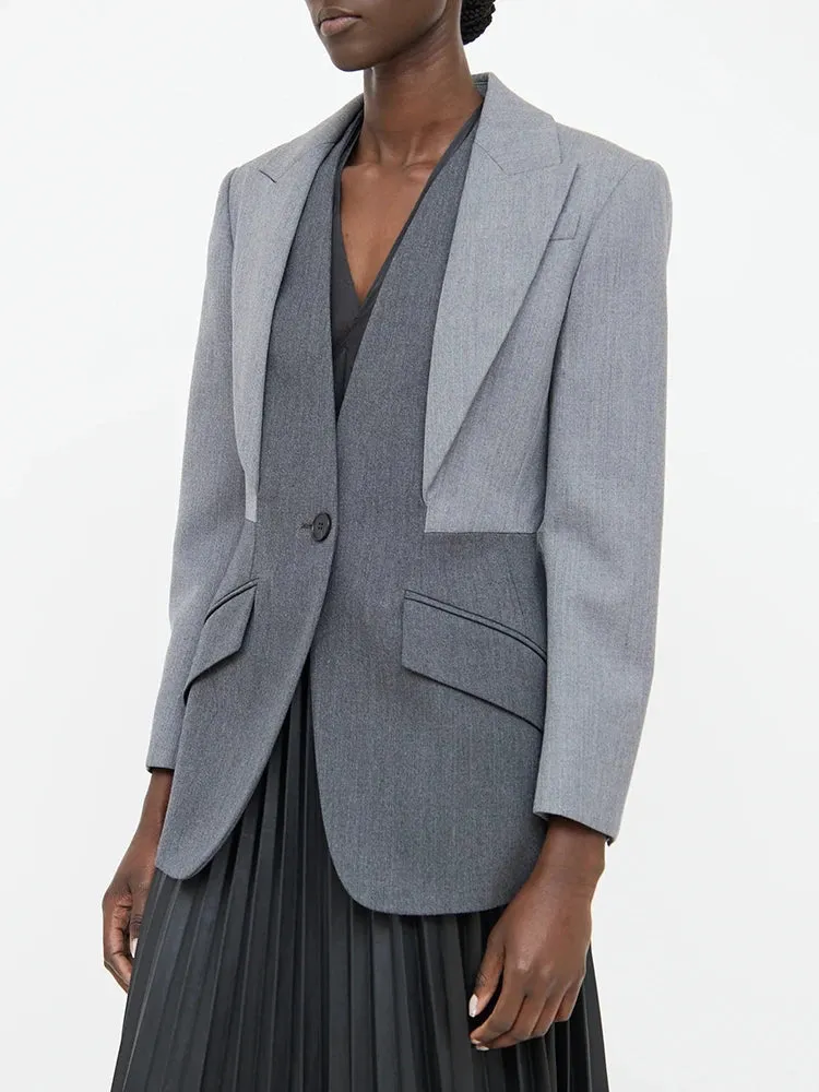 Colorblack Patchwork Pockets Casual Blazers For Women Notched Collar Long Sleeve Minimalist Slimming Blazer Female Fashion