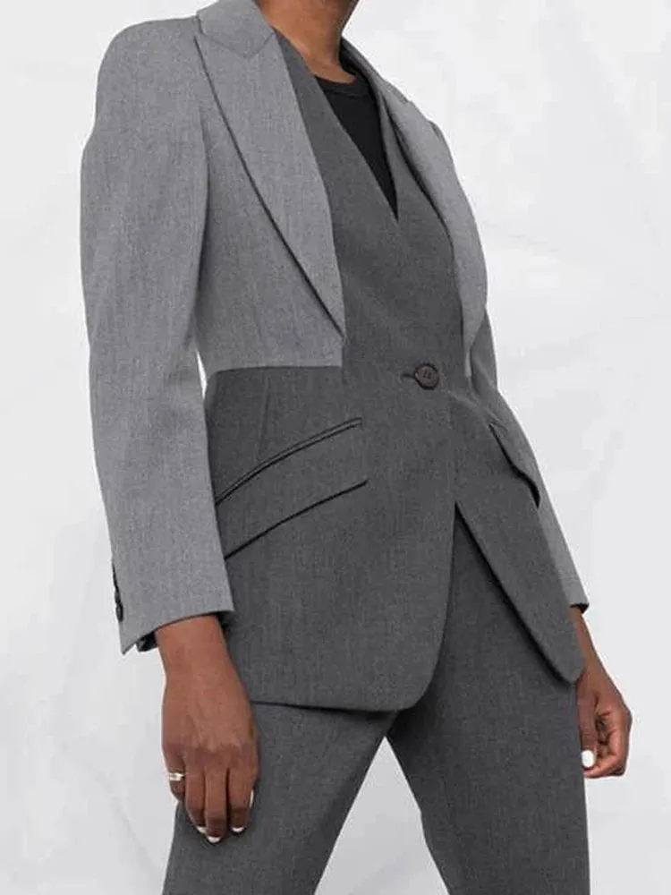 Colorblack Patchwork Pockets Casual Blazers For Women Notched Collar Long Sleeve Minimalist Slimming Blazer Female Fashion