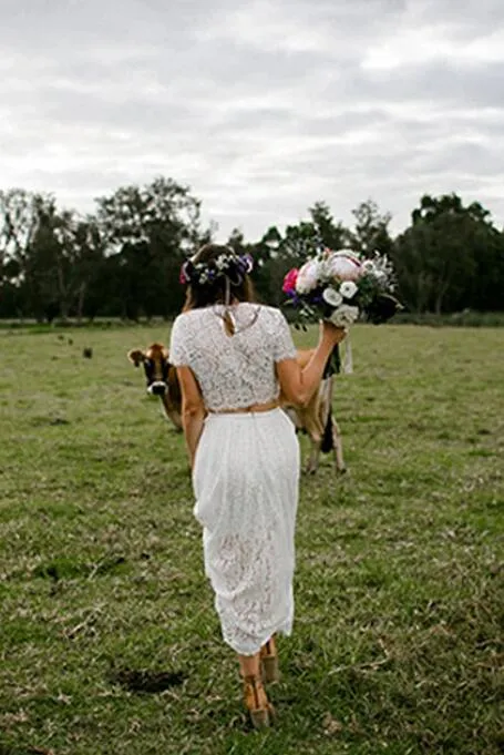 Country Style Lace Flowy Two Piece Wedding Dress, Bridal Separates