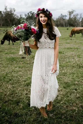Country Style Lace Flowy Two Piece Wedding Dress, Bridal Separates