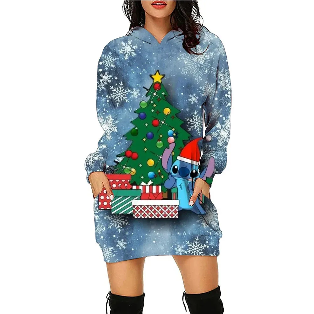 Disney Stitch Kawaii Women's Hoodie Dress - Y2K Christmas Print Pullover, Streetwear Style, Cute High-Quality Hoodies (S-3XL)