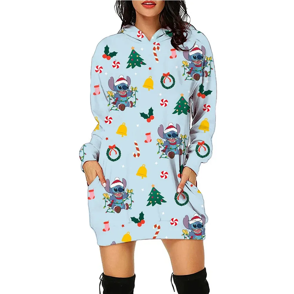Disney Stitch Kawaii Women's Hoodie Dress - Y2K Christmas Print Pullover, Streetwear Style, Cute High-Quality Hoodies (S-3XL)