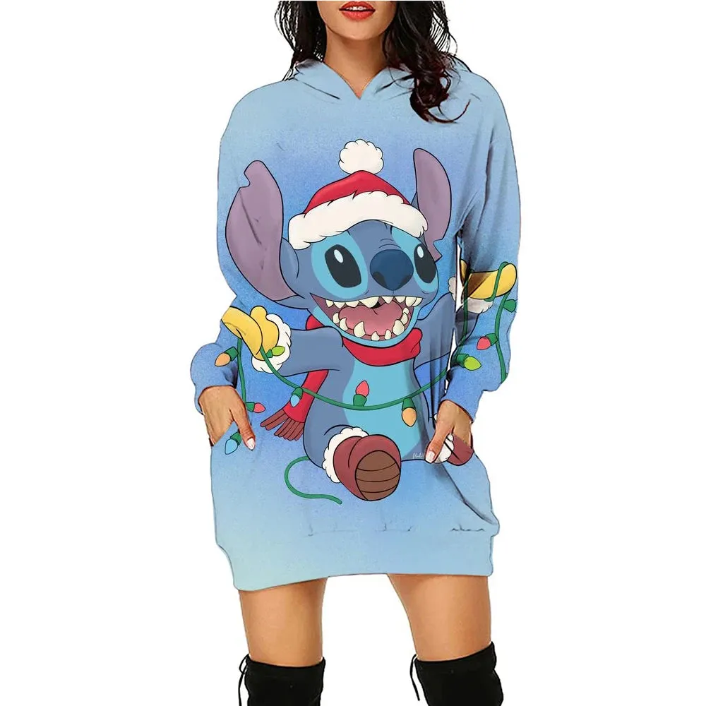 Disney Stitch Kawaii Women's Hoodie Dress - Y2K Christmas Print Pullover, Streetwear Style, Cute High-Quality Hoodies (S-3XL)
