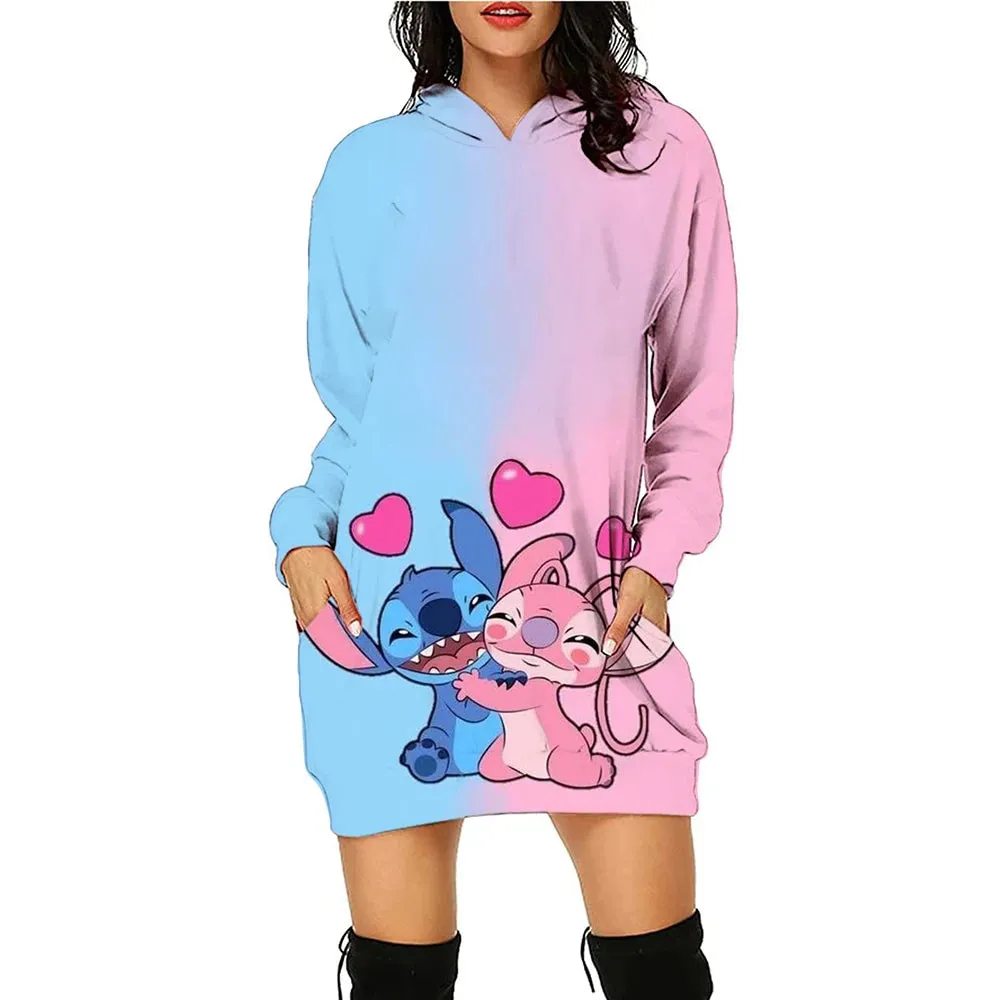 Disney Stitch Kawaii Women's Hoodie Dress - Y2K Christmas Print Pullover, Streetwear Style, Cute High-Quality Hoodies (S-3XL)