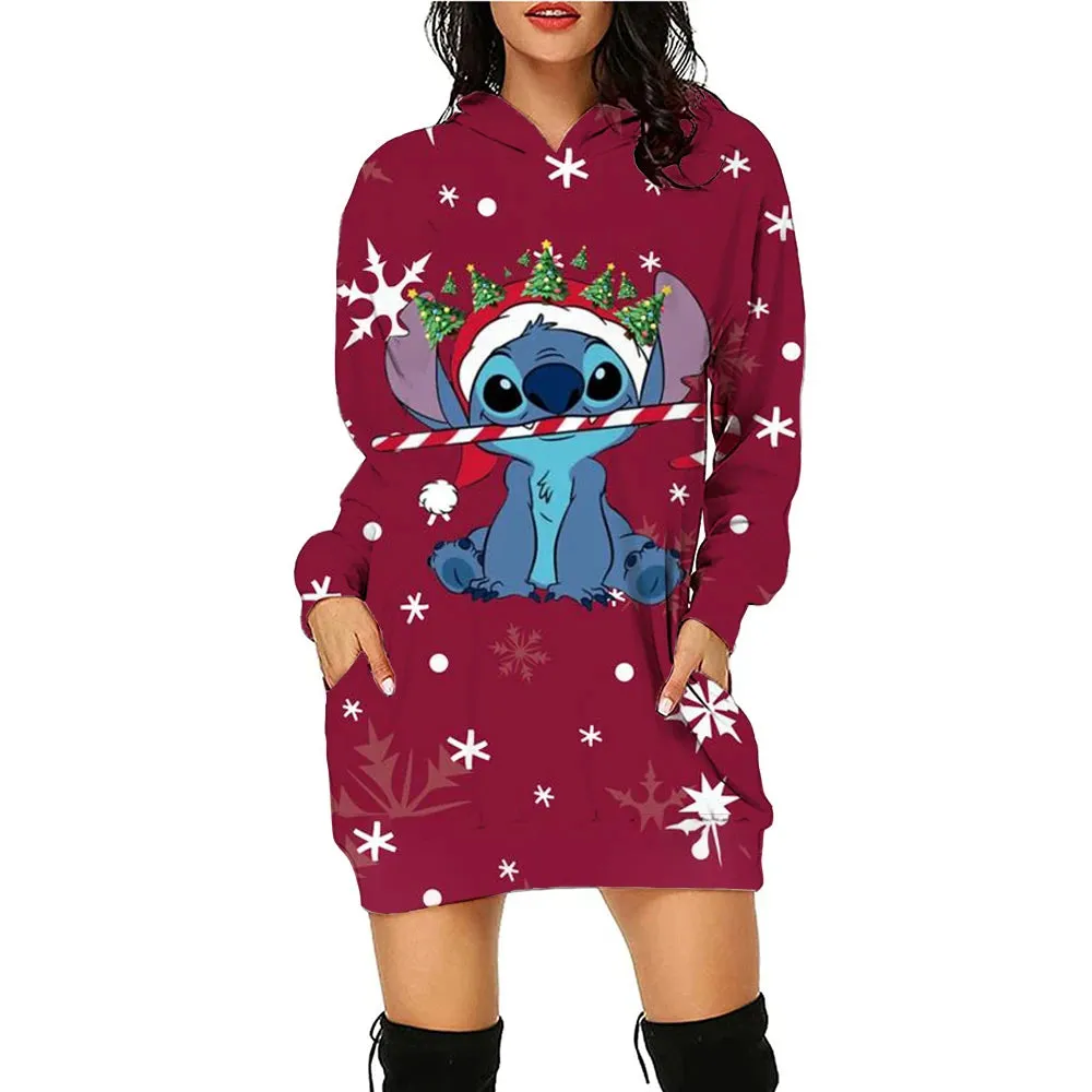 Disney Stitch Kawaii Women's Hoodie Dress - Y2K Christmas Print Pullover, Streetwear Style, Cute High-Quality Hoodies (S-3XL)
