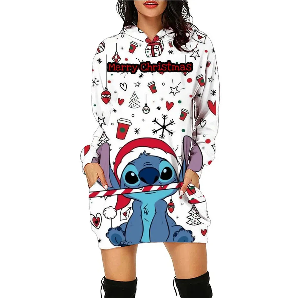 Disney Stitch Kawaii Women's Hoodie Dress - Y2K Christmas Print Pullover, Streetwear Style, Cute High-Quality Hoodies (S-3XL)