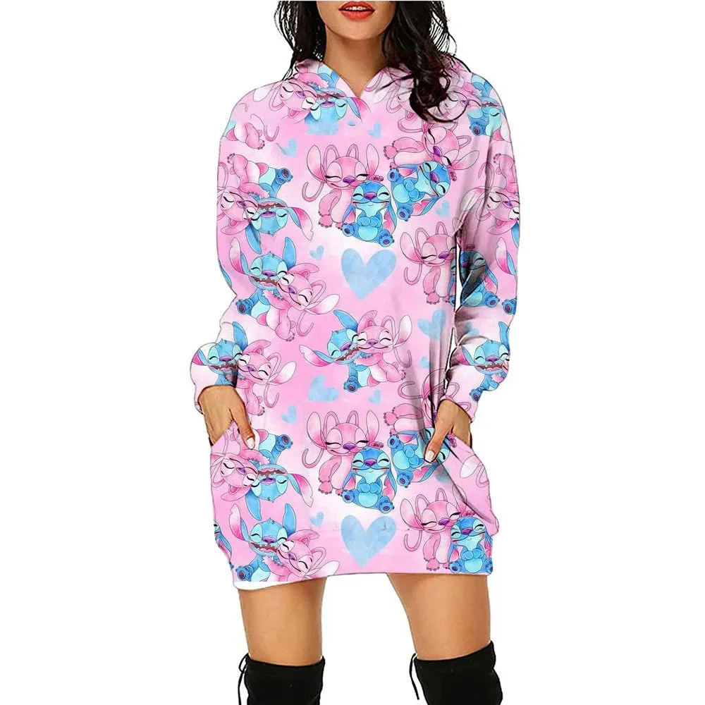 Disney Stitch Kawaii Women's Hoodie Dress - Y2K Christmas Print Pullover, Streetwear Style, Cute High-Quality Hoodies (S-3XL)
