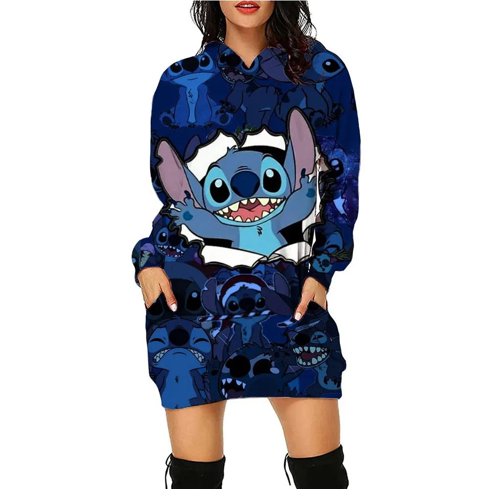 Disney Stitch Kawaii Women's Hoodie Dress - Y2K Christmas Print Pullover, Streetwear Style, Cute High-Quality Hoodies (S-3XL)