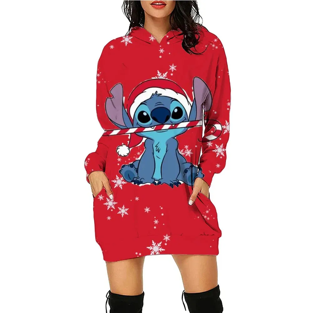 Disney Stitch Kawaii Women's Hoodie Dress - Y2K Christmas Print Pullover, Streetwear Style, Cute High-Quality Hoodies (S-3XL)