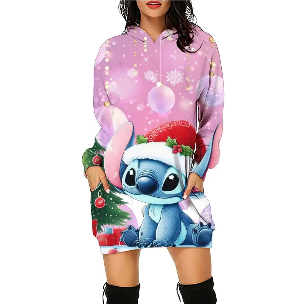 Disney Stitch Kawaii Women's Hoodie Dress - Y2K Christmas Print Pullover, Streetwear Style, Cute High-Quality Hoodies (S-3XL)