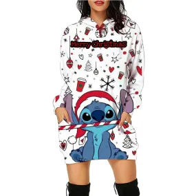 Disney Stitch Kawaii Women's Hoodie Dress - Y2K Christmas Print Pullover, Streetwear Style, Cute High-Quality Hoodies (S-3XL)