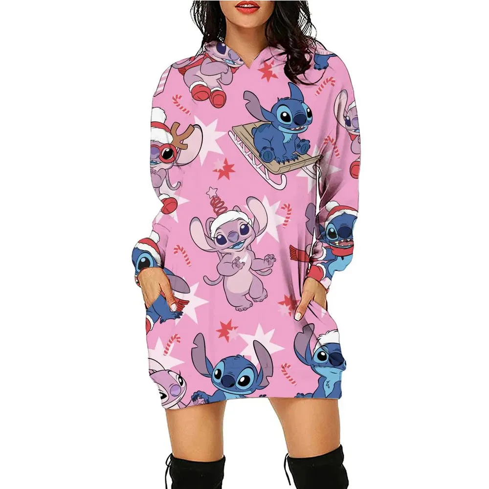 Disney Stitch Kawaii Women's Hoodie Dress - Y2K Christmas Print Pullover, Streetwear Style, Cute High-Quality Hoodies (S-3XL)