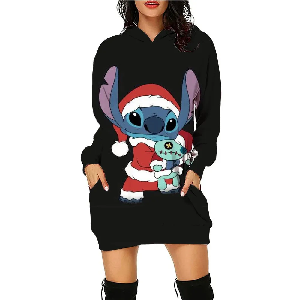Disney Stitch Kawaii Women's Hoodie Dress - Y2K Christmas Print Pullover, Streetwear Style, Cute High-Quality Hoodies (S-3XL)