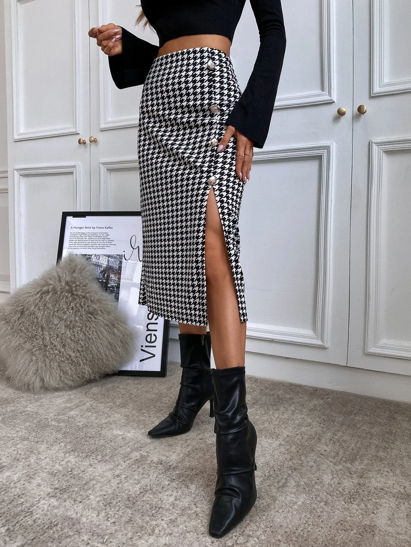 Elegant Houndstooth Split Thigh High Waist Long Women Skirt