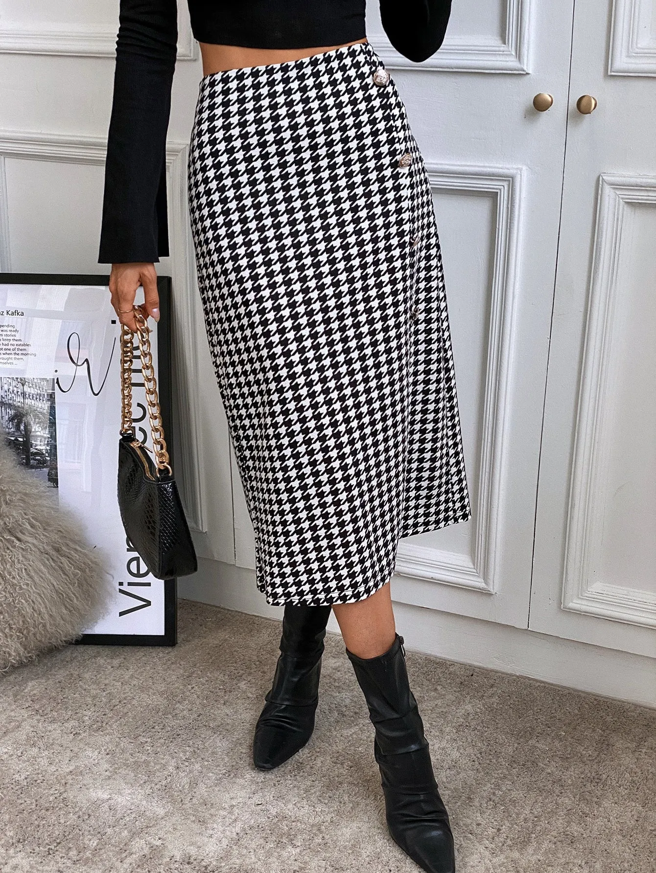 Elegant Houndstooth Split Thigh High Waist Long Women Skirt